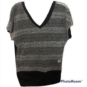 Vanity knit v-neck top W/flattering wide waist band, sequin details.  EUC, SZ M